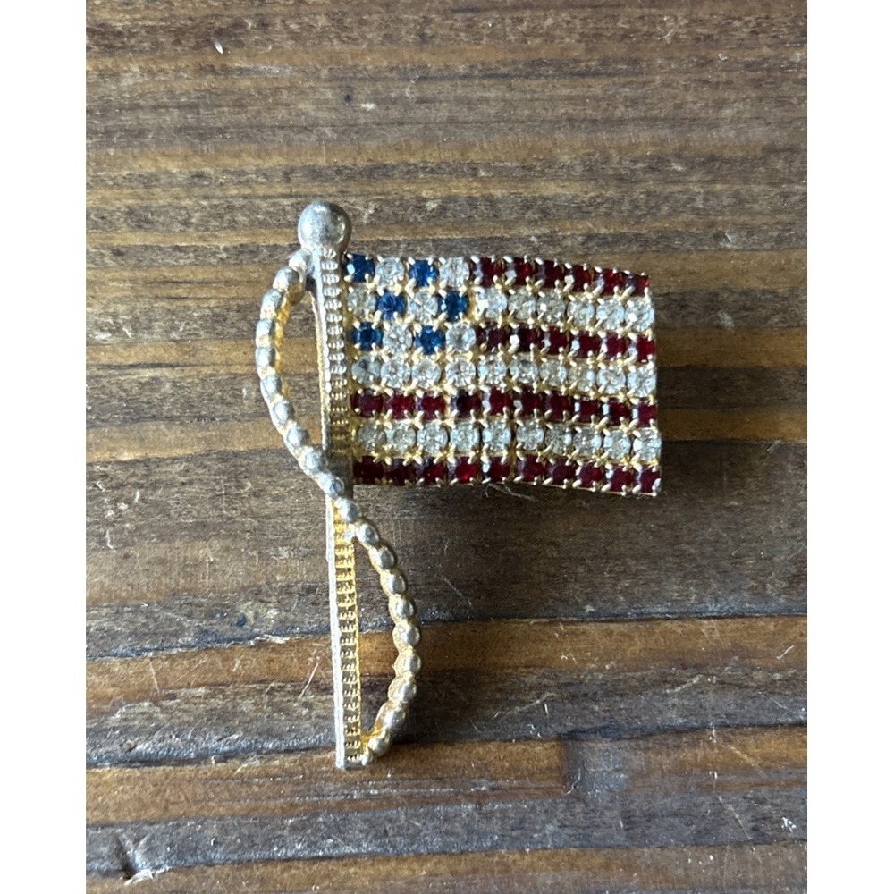 Vintage Rafaelian Signed Red White (clear) & Blue Rhinestone Flag Brooch Pin